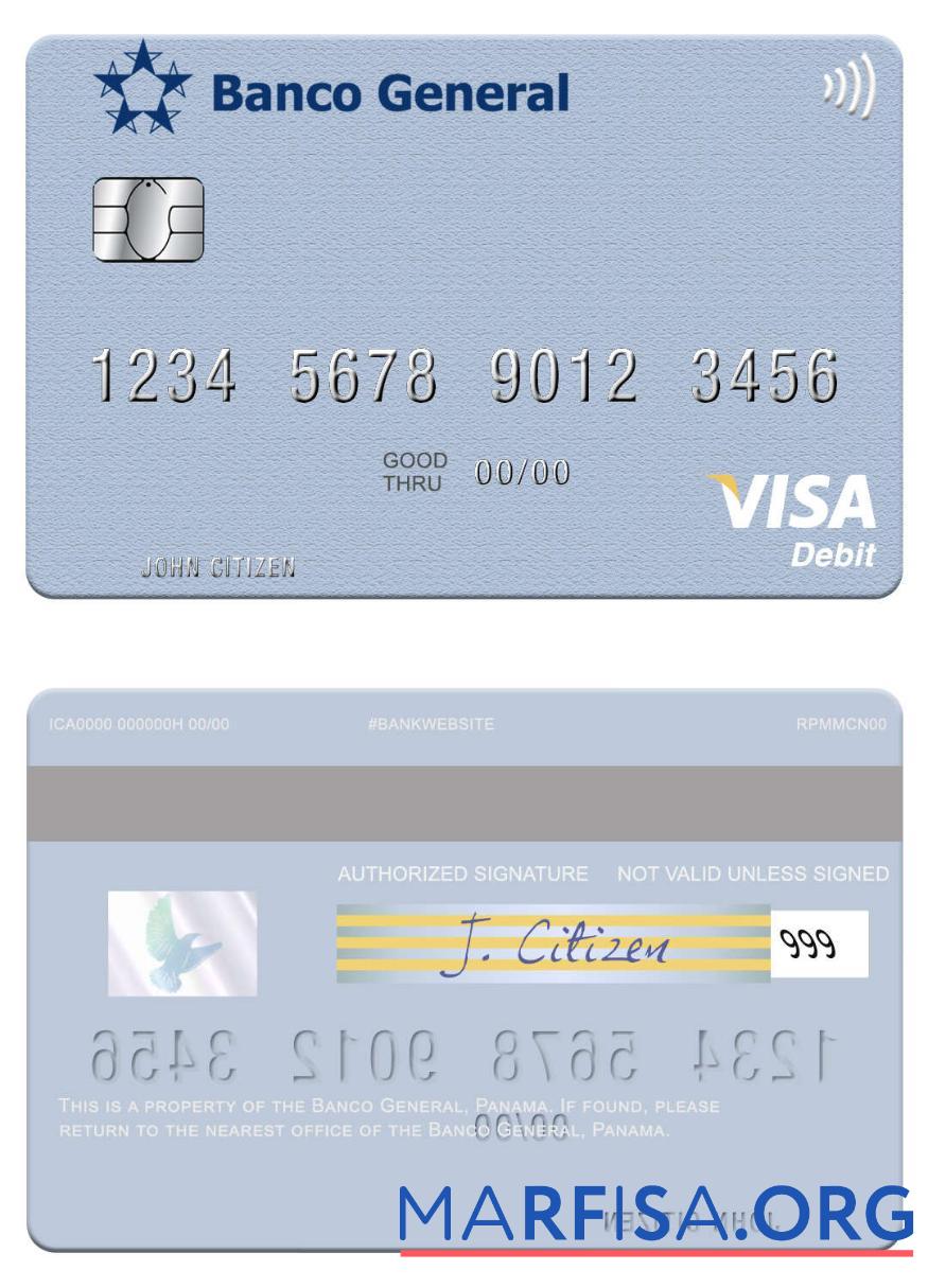 Realistic Panama Banco General visa debit card template
